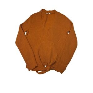 Moth Anthropologie Burnt Orange Ribbed Tie Front V-Neck Sweater XS